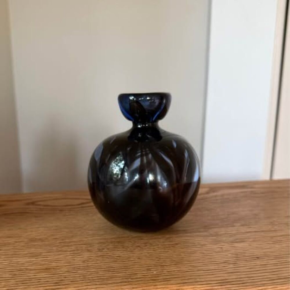 Vintage Hand Blown Art Glass Bud Vase | Blue Black Swirl Mid Century Modern
